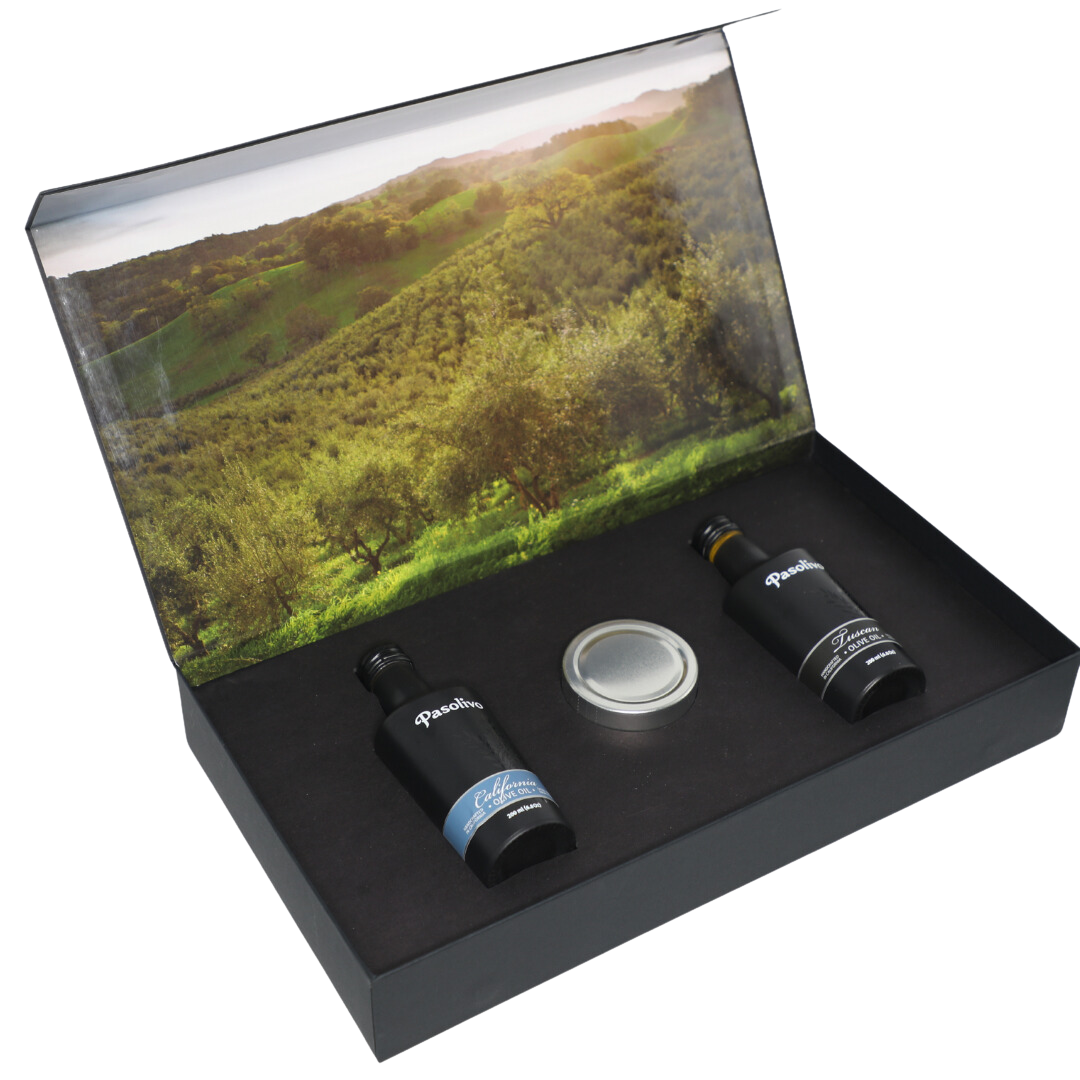 Premium Pasolivo products packaged in beautiful black box with green olive orchard imagery.