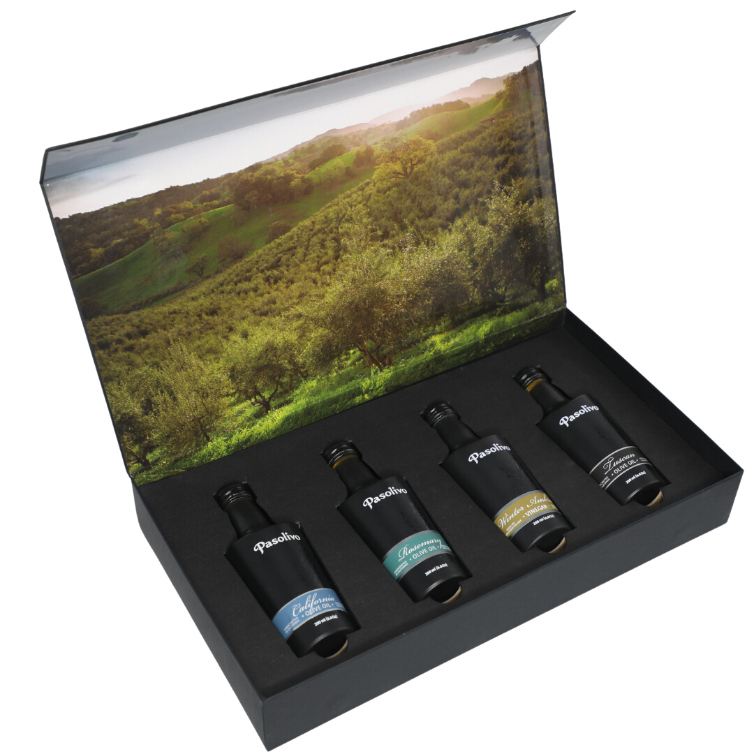 Premium Pasolivo products packaged in beautiful black box with green olive orchard imagery.